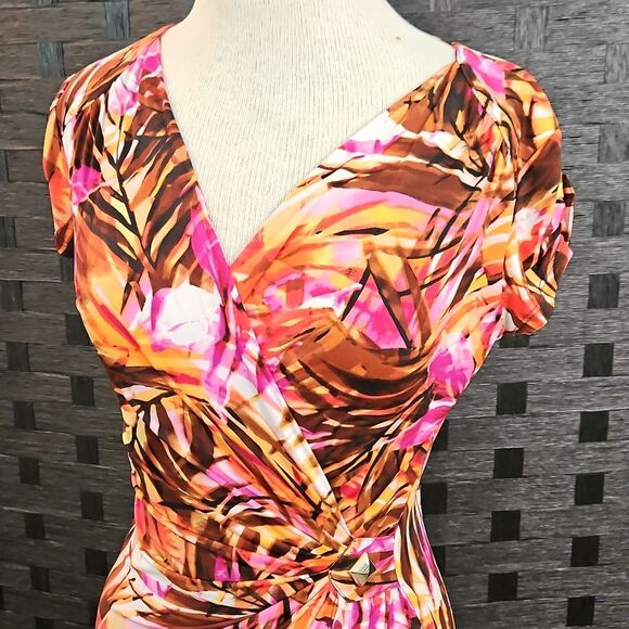 Cache Tropical Print Faux Wrap Tulip Hem Dress Size Small - Picture 3 of 15